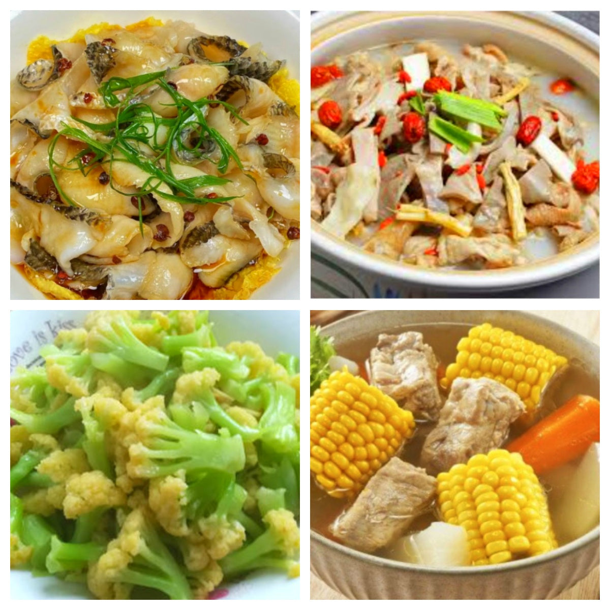 12月08日 周一家乡菜:葱油鱼片、白胡椒猪肚鸡、清炒菜花、玉米胡萝卜排骨汤