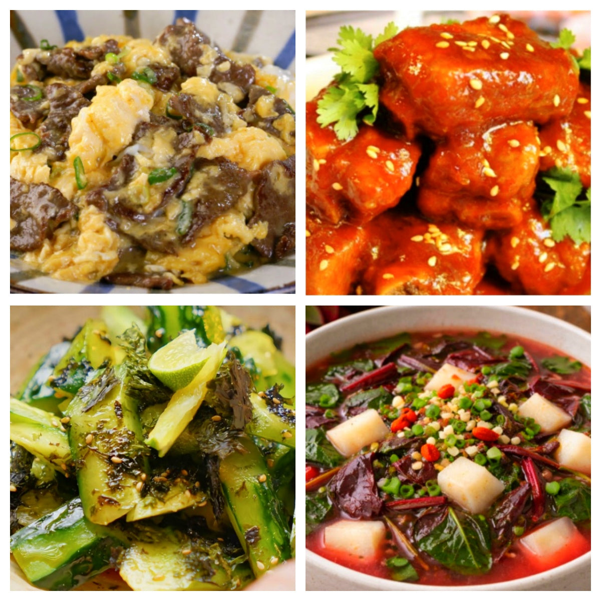 06月17日 周三家乡菜:滑蛋嫩牛、京都排骨、凉拌海苔黄瓜、红苋菜山药汤