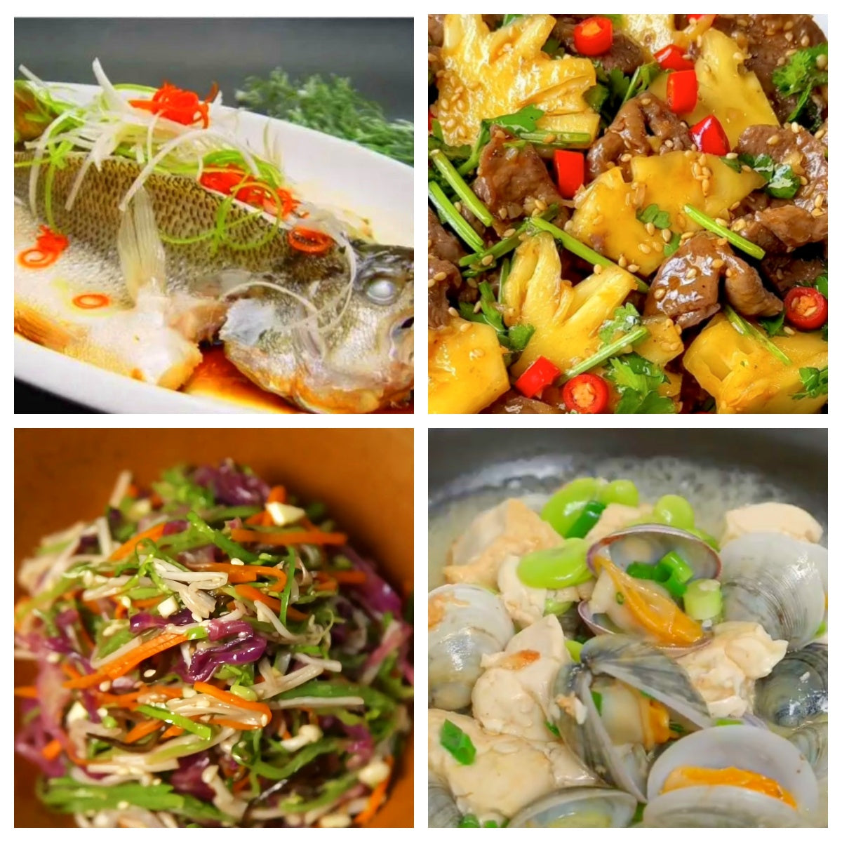 06月04日 周四经典回归菜:清蒸鲈鱼、菠萝牛肉、凉拌彩蔬、花蛤豆腐汤