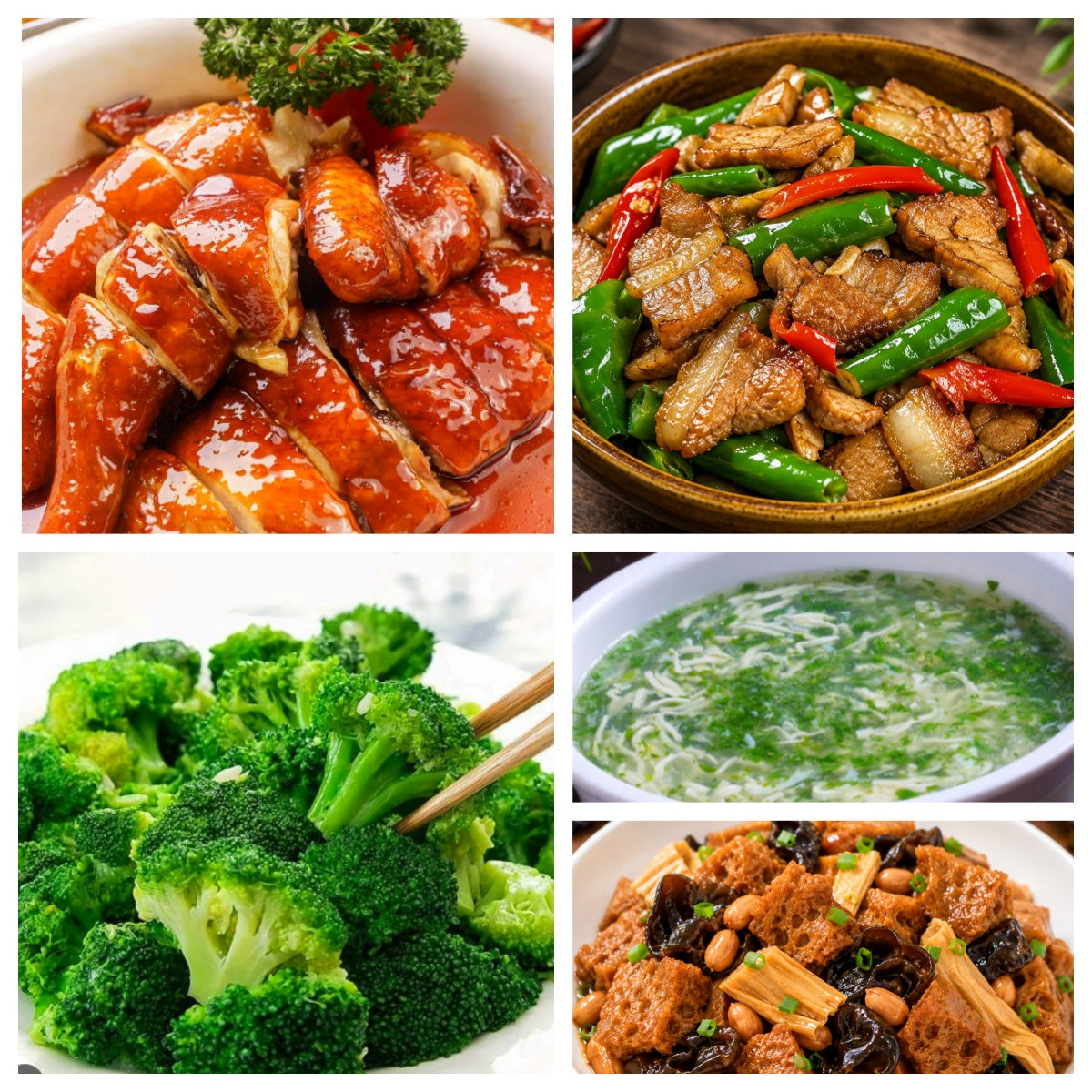 08月13日 周四麻辣鲜香:农家小炒肉🌶️、豉油鸡、蒜蓉西兰花、荠菜鱼丝豆腐羹(赠品:四喜烤麸)