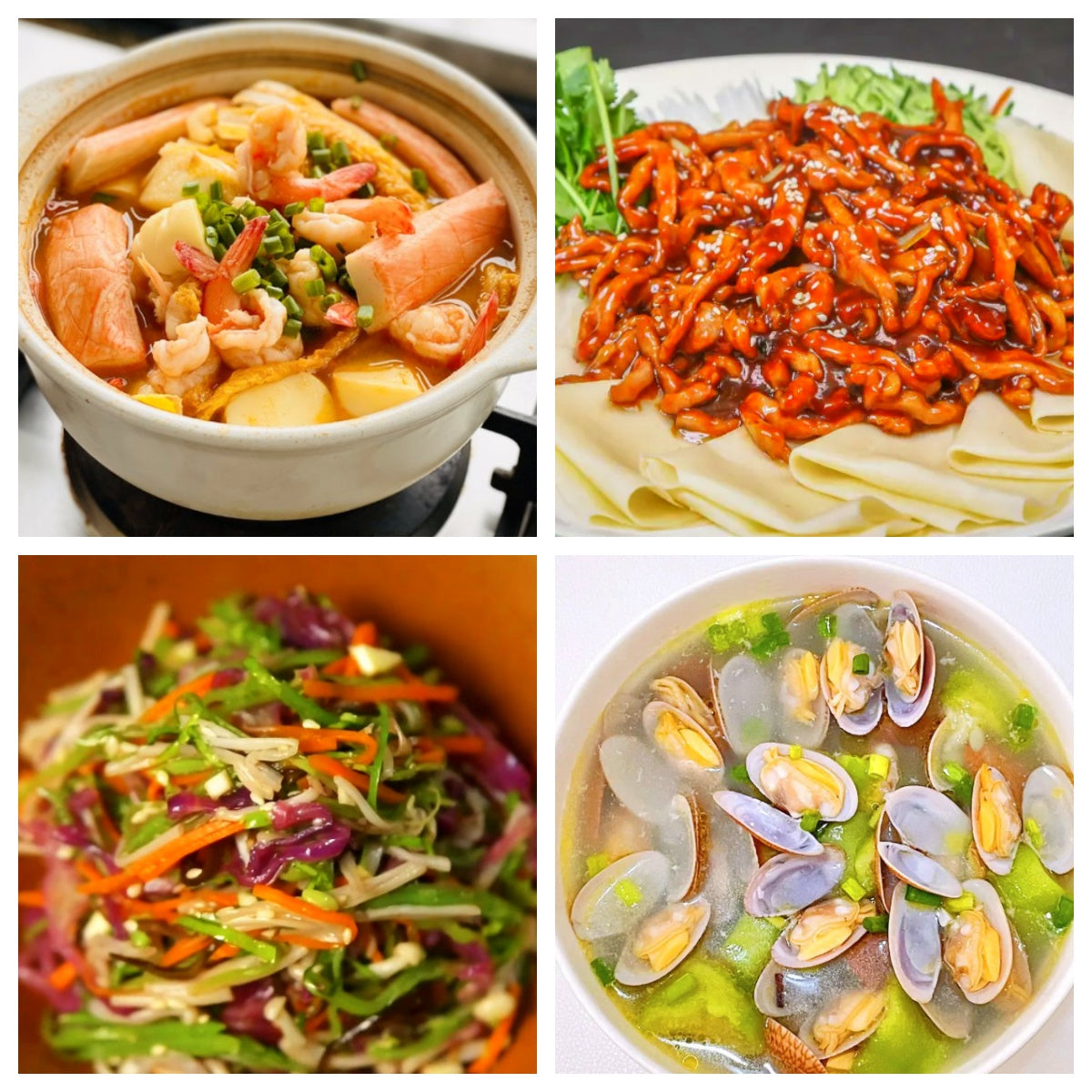 06月20日 周六家乡菜:海鲜豆腐煲、京酱肉丝、紫甘蓝沙拉、蛤蜊丝瓜汤