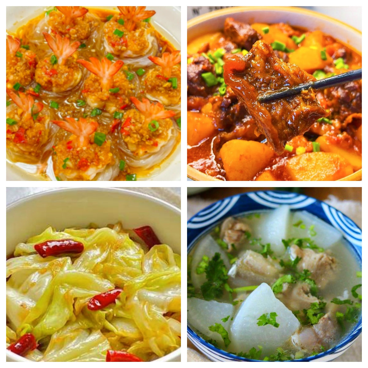 06月09日 周二家乡菜:蒜蓉粉丝蒸大虾、土豆烧牛腩、炝炒包心菜、萝卜筒骨汤