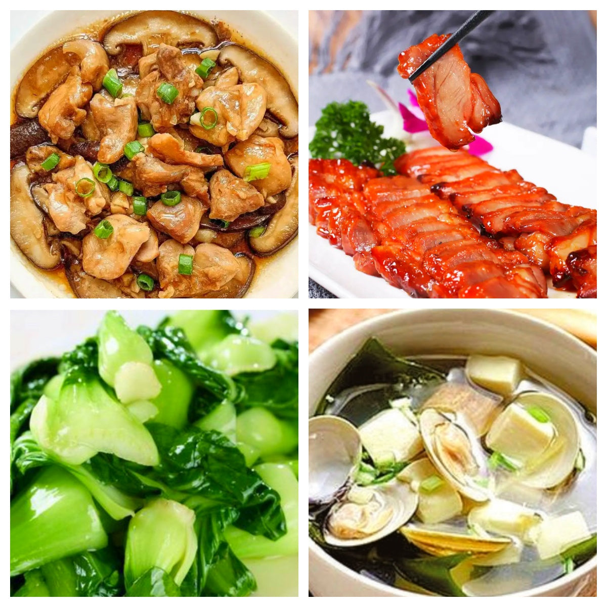 12月12日 周五家乡菜:香菇蒸鸡、叉烧、清炒上海青、文蛤豆腐汤