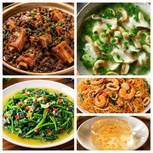 08月05日 周三经典回归：梅干菜烧排骨、荠菜烩鱼片、上汤菠菜、海鲜炒米粉（赠品：桂花冻）