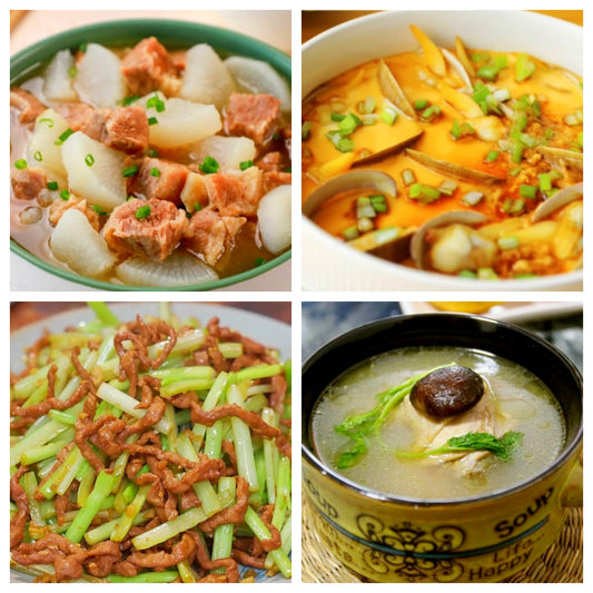 12月11日 周四家乡菜：清汤萝卜牛腩、花蛤蒸蛋、芹菜炒肉丝、养生鸡汤