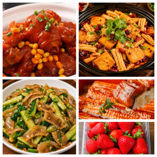 08月06日 周四麻辣鲜香：🌶️什锦鱼豆腐、黄豆炖猪脚、凉拌黄瓜牛筋、鳗鱼饭（赠品：草莓）