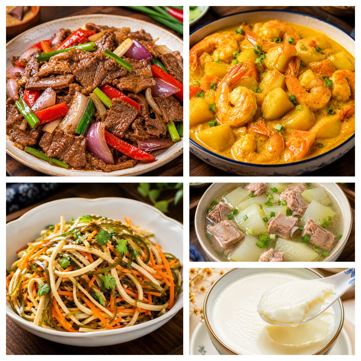 08月11日 周二家乡菜：沙茶酱爆肉片、奶香土豆咖喱虾、凉拌三丝、冬瓜排骨汤（赠品：双皮奶）