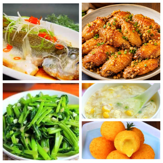 08月04日 周二家乡菜：清蒸鲈鱼 、 蒜香鸡翅、空心菜、鸡茸玉米羹（赠品：炸榴莲球）
